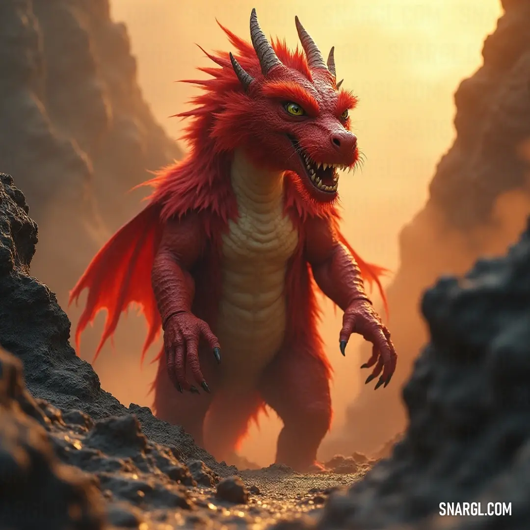 A striking red Azzinoth, teeming with character, stands tall in a rocky terrain while the hues of a vibrant sunset paint the sky behind it, creating a truly spectacular balance of nature and creature.
