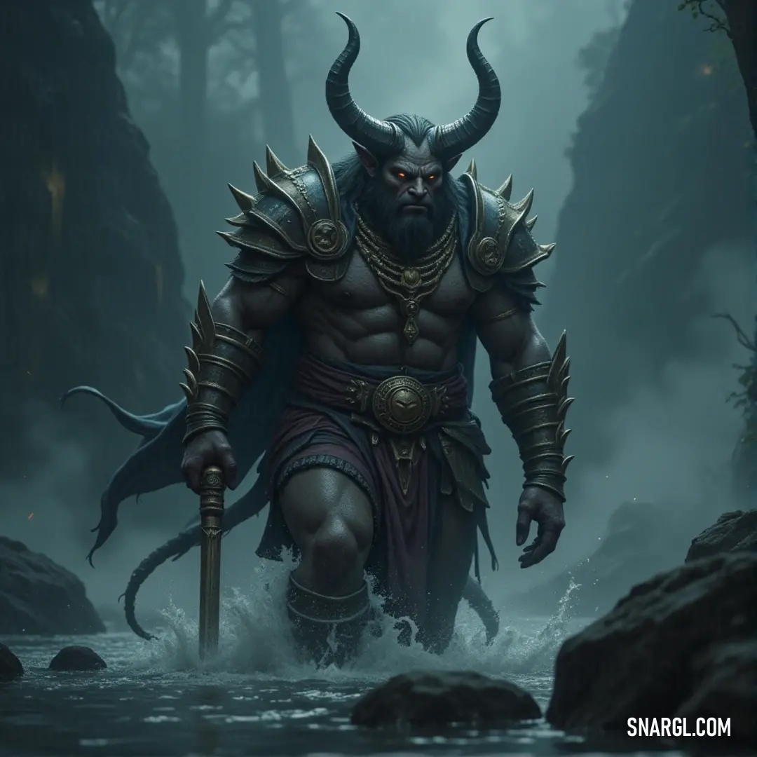 Baal stands tall in a river, sword gripped firmly in hand. The rushing water and dense trees around them reflect their powerful, unyielding nature, ready to face whatever challenges arise. Baal, with a horned head and fierce expression, grips a sword as they stand in a river surrounded by rocks and trees. The flow of water and the forest’s dense surroundings add to their commanding presence.