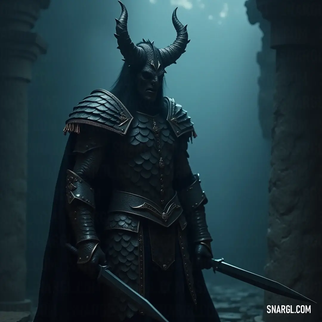 Baal-Adam in a horned costume, holding a sword, stands in a shadowy room surrounded by ancient columns, exuding strength and mystery. Baal-Adam, clad in a horned costume, stands powerfully in a dark room surrounded by ancient columns. With a sword in hand, his fierce presence commands the space, adding an air of mystery and strength to the scene.