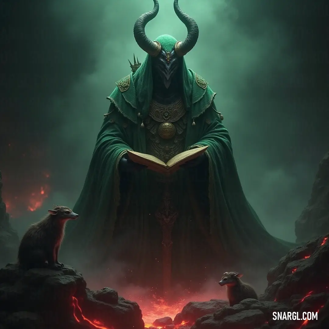 An intriguing portrayal of Baal-Aka reading a mysterious book, surrounded by symbolic imagery, embodying the depths of knowledge and the connection with nature. Baal-Aka, in a flowing green robe, is depicted deep in thought as he reads a tome, his horns framing his focused expression while a curious goat sits nearby, enhancing the magical environment filled with wisdom and mystique.