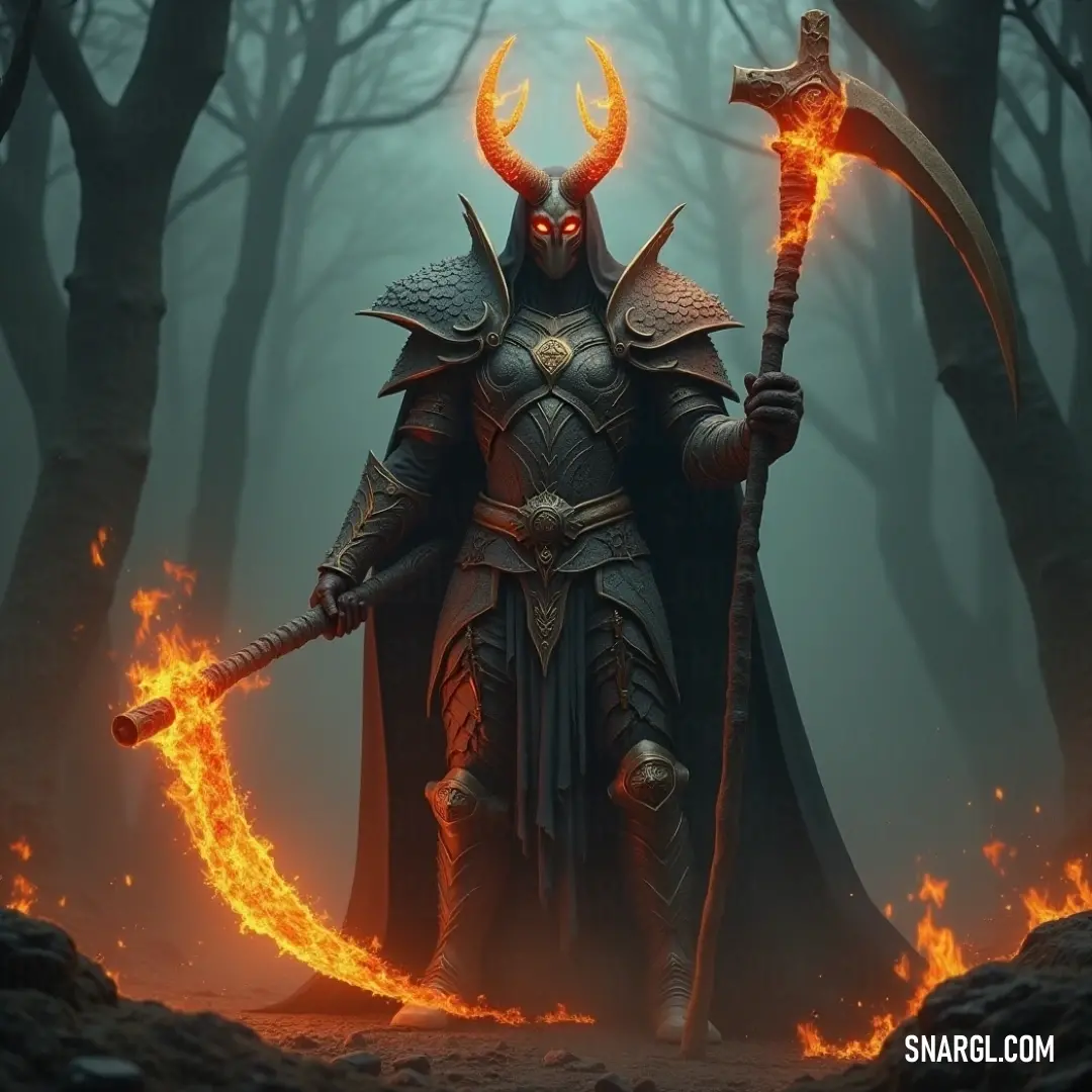 A mystical horned warrior wielding a fiery staff and a sword stands resolute amidst a forest engulfed in flames, the vibrant colors reflecting the intensity of battle and the struggle between nature and chaos.