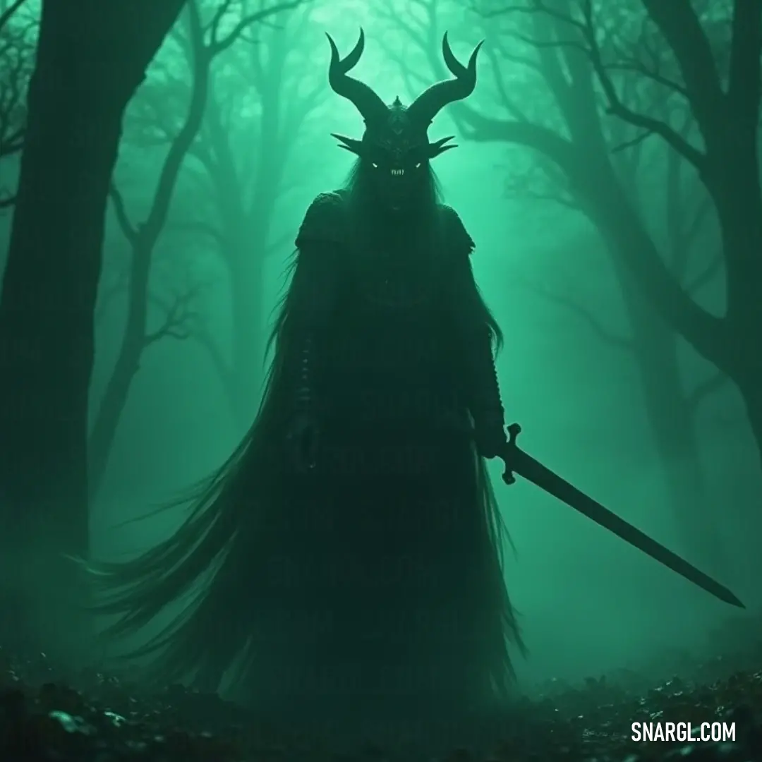 Baal-Amon, a striking figure with horns and sword, emerges from a foggy forest at night, the ethereal atmosphere heightening the tension in the darkness. In a haunting nocturnal forest shrouded in mist, Baal-Amon grips his sword tightly, surrounded by towering trees that loom like guardians under the veil of night, evoking an air of mystery and intrigue.