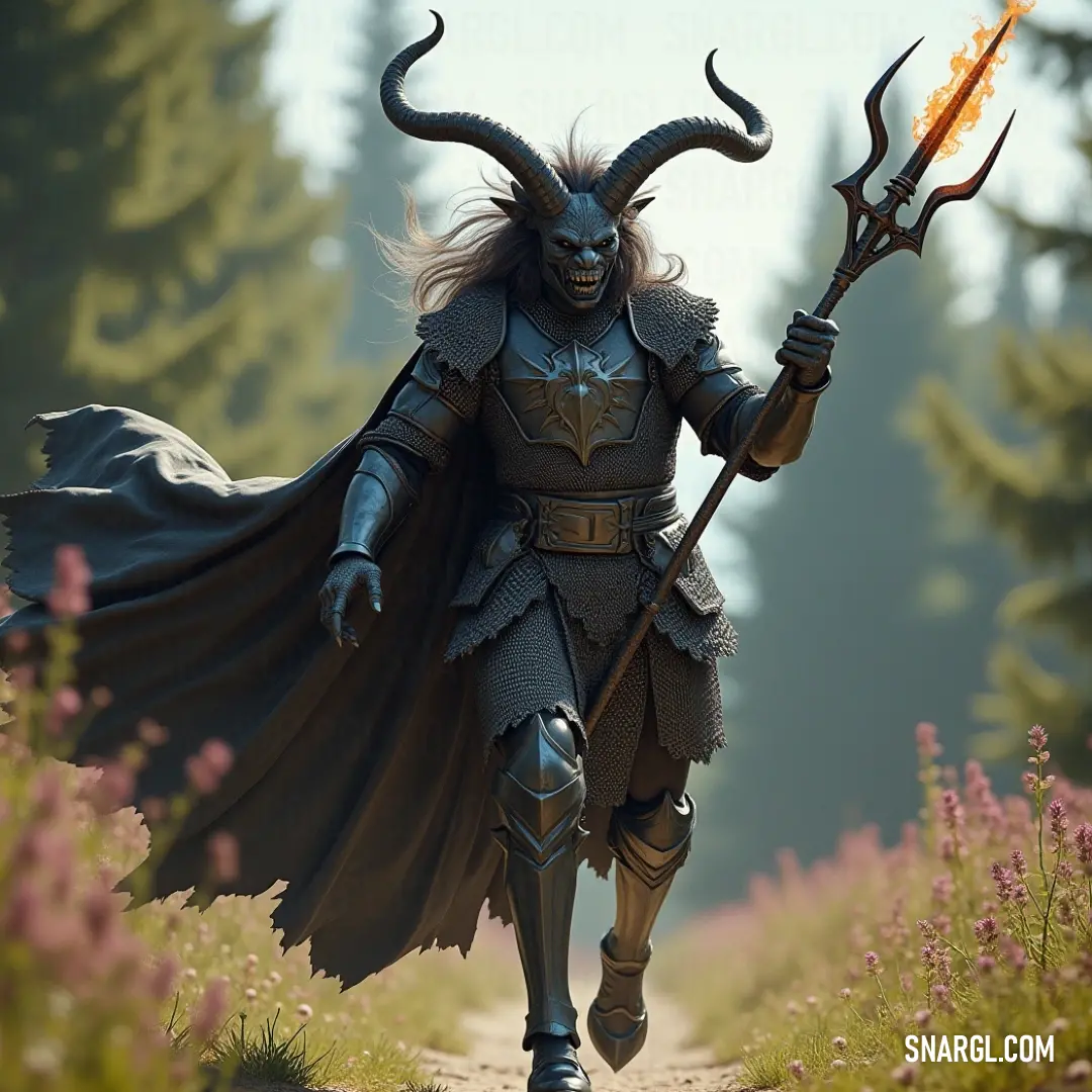 Baal-Amon, armored and holding a fiery staff, stands tall, his body adorned with horns. His fierce expression is enhanced by the surrounding fire, creating a dramatic contrast as he exudes a sense of both strength and fearlessness, poised for battle.