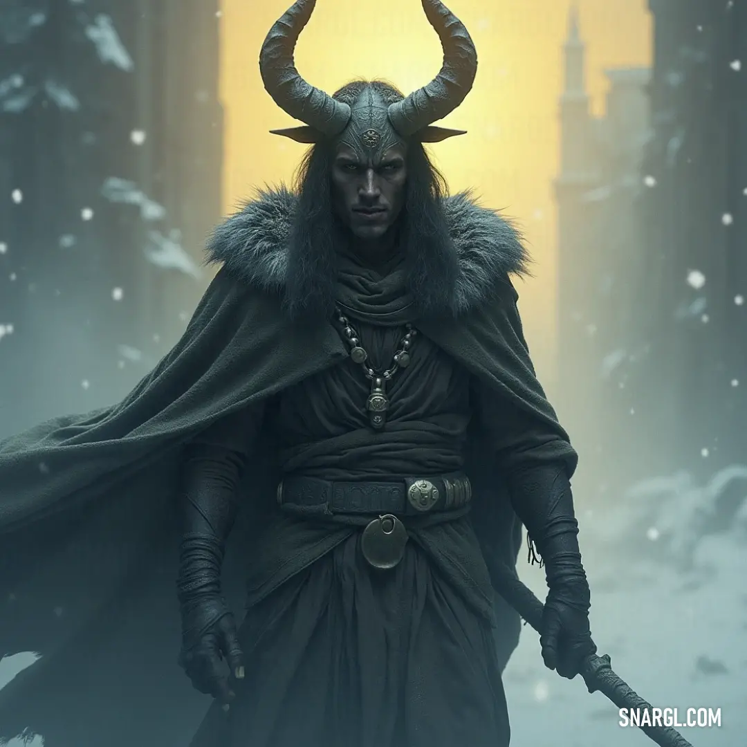 A formidable figure of Baal-Amon, clad in an intricately designed horned costume, brandishing a sword while standing resolutely in a serene, snowy landscape, contrasting the warmth of his presence against the cool backdrop.