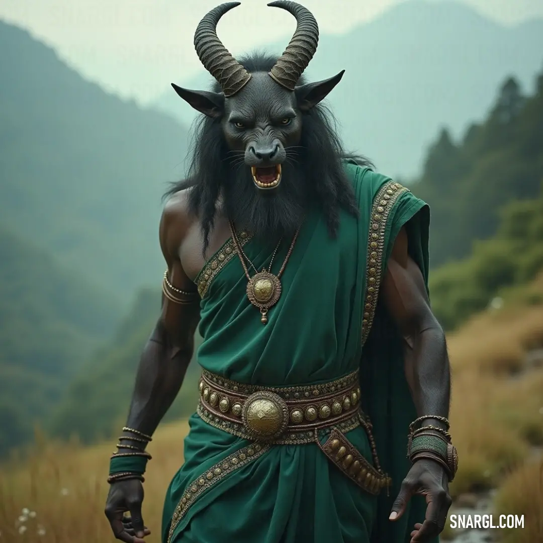 Majestic Baal-Amon walks through lush fields, his horned visage creating a striking contrast with the towering mountains behind him, embodying the spirit of adventure. Baal-Amon strides purposefully through a vibrant field, his horned head and robust physique creating an imposing silhouette against the majestic mountains that rise dramatically in the distance, bathed in natural light.