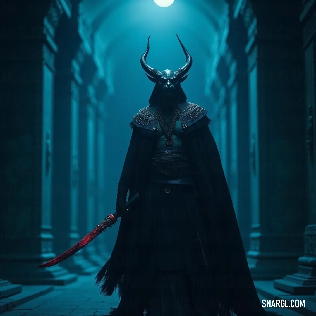 Baal-Arama, cloaked in mystery with a horned mask and flowing cape, stands poised in a shadowy corridor, embodying an aura of intrigue and adventure. In a dimly lit hallway adorned with majestic columns, Baal-Arama, donning a horned mask and cape, holds his sword with unwavering confidence, ready to step into the unknown.