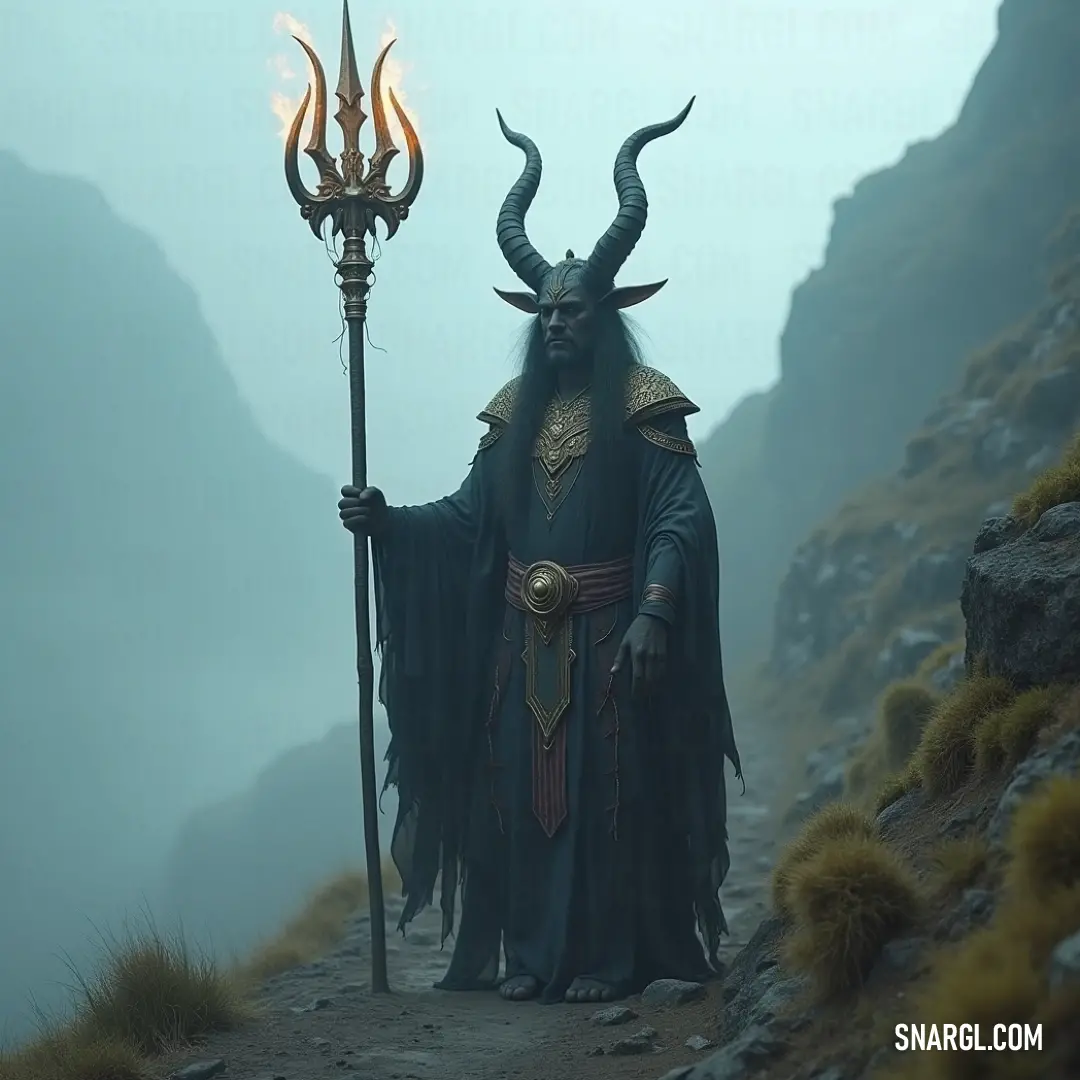 Towering majestically on a rugged mountain, a horned figure holds a staff and a flickering flame, embodying a blend of elemental power and ancient mystique, while the breathtaking panorama stretches behind him like a vibrant canvas.