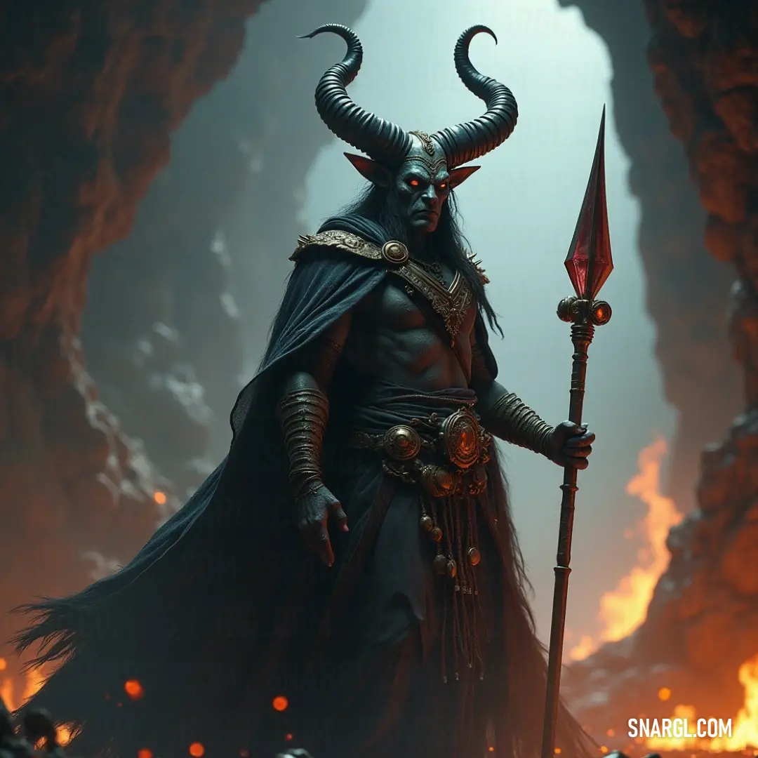 An awe-inspiring horned warrior poised with a spear in a cave, where flickering flames reveal the depths of a hidden world. An imposing figure with majestic horns stands in a shadowy cave, clutching a spear firmly, flames dancing in the backdrop, creating a dramatic contrast between light and darkness, evoking a sense of adventure.