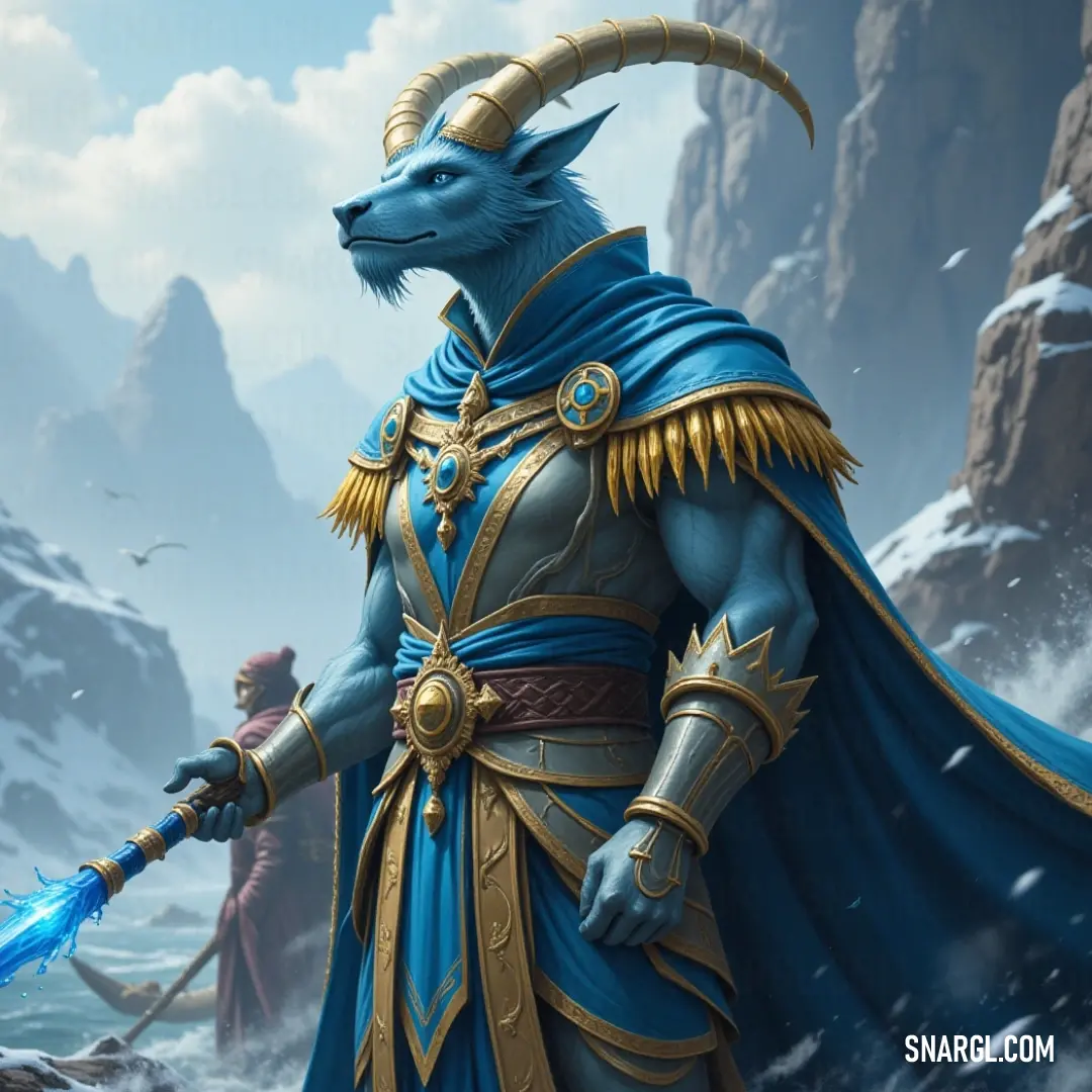 Striking a heroic pose, Blue Baal-El showcases his regal blue attire, sword glistening with magic, against a backdrop of towering mountains that echo his strength and grandeur. The vibrant Baal-El, radiant in blue, stands majestically with a long horn and a flowing blue cape, wielding a sword that glows valiantly against the mountainous backdrop, embodying sheer power and presence.