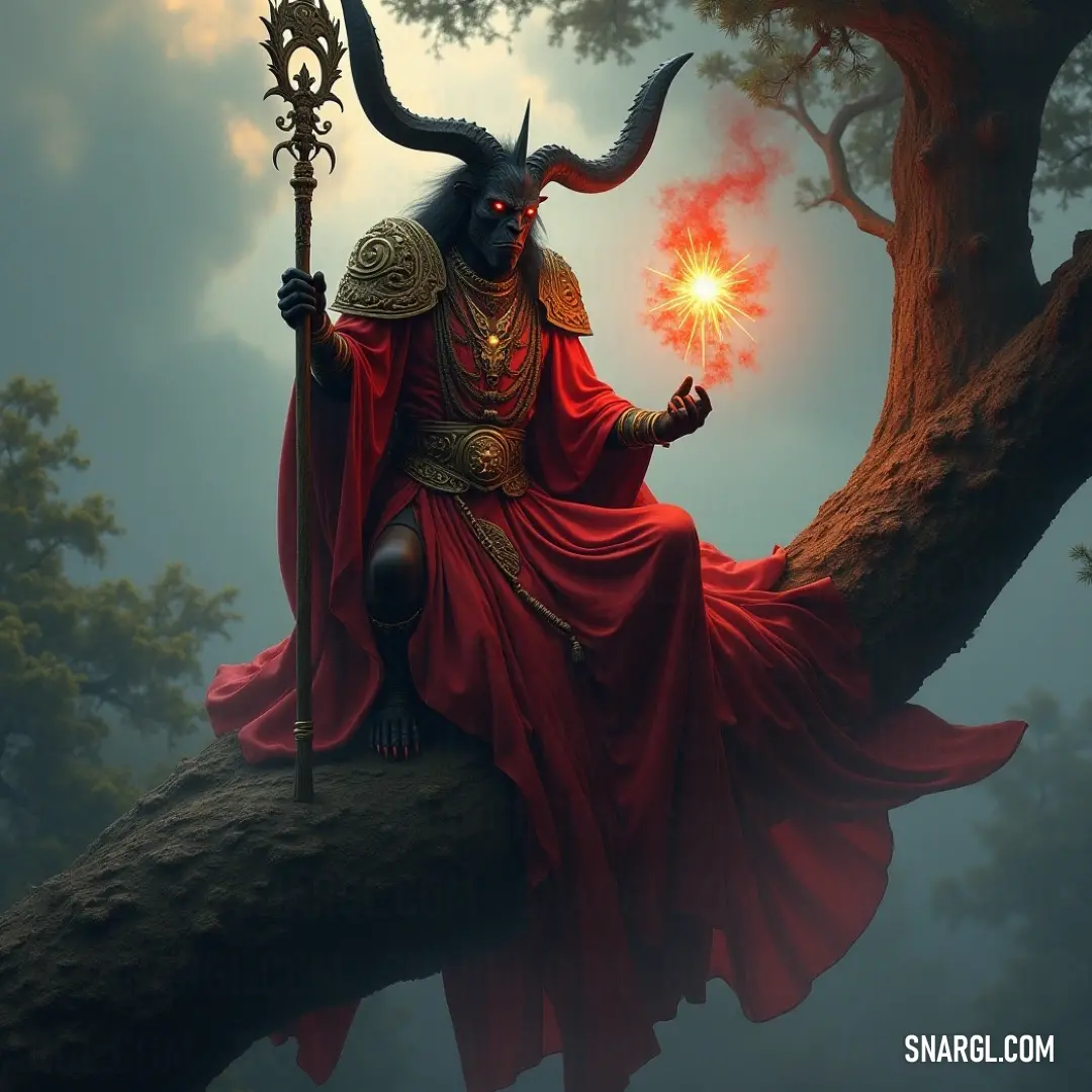 Baal-El, perched gracefully on a tree branch, holds a radiant sphere of glowing fire, with a visage of determination, his gaze focused on a mystical world, embodying an essence of both vulnerability and strength.