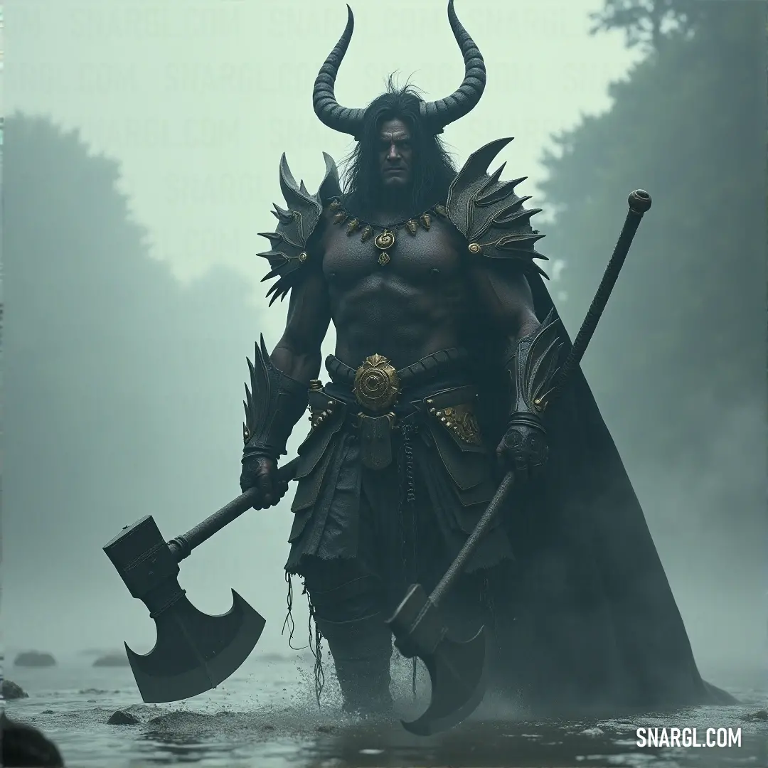 Baal-El, in his horned outfit, wades through a foggy river with an axe and shovel in hand, invoking a sense of mystery and ancient power. Baal-El stands in a foggy river, dressed in a horned outfit, holding an axe in one hand and a shovel in the other. His presence is both mystical and ancient, with the fog adding an eerie atmosphere to the scene, enhancing his formidable appearance.