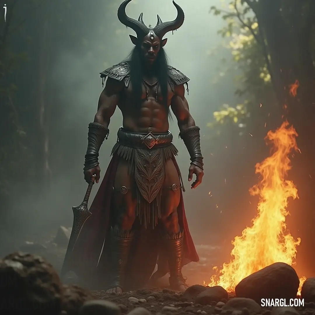 Baal-Emon stands authoritatively, shrouded in a horned costume, captivatingly positioned before a crackling fire pit that dances with flames, symbolizing the fierce and commanding spirit of ancient deities.