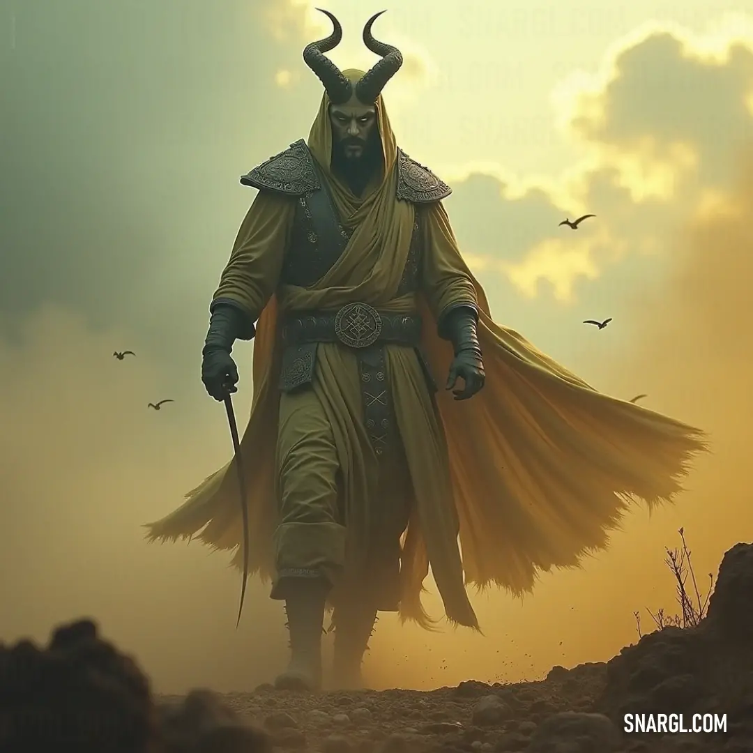 Walking with purpose across the rugged landscape, a horned warrior grips his sword firmly, his silhouette framed by the birds soaring gracefully overhead, representing a relentless quest for freedom and adventure amid the rocky vistas. Striding across a rocky terrain under a canvas of flying birds, a horned figure wields a sword, radiating strength and purpose. His determined gaze speaks of an epic journey intertwining with the winds of freedom and adventure.