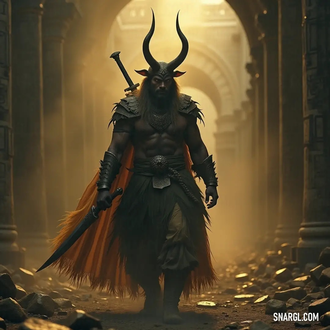 In the shadows of a cave, a horned warrior emerges, wielding a sword and dressed in an elegant red cape, shining with regal energy as he stands poised for adventure, surrounded by echoes of mystery and ancient power.