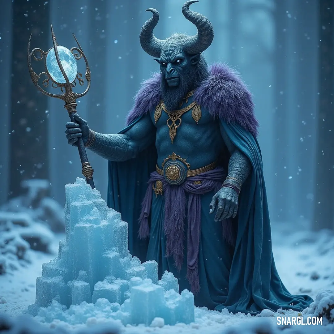 Baal-Far in blue wielding a staff and orb in a serene snowy landscape. Baal-Far, clad in striking blue, holds a staff and a glowing orb amidst a snowy landscape, where intricate snowflakes fall gently, portraying a scene of serene beauty and the mystical connection between the earthly and divine.