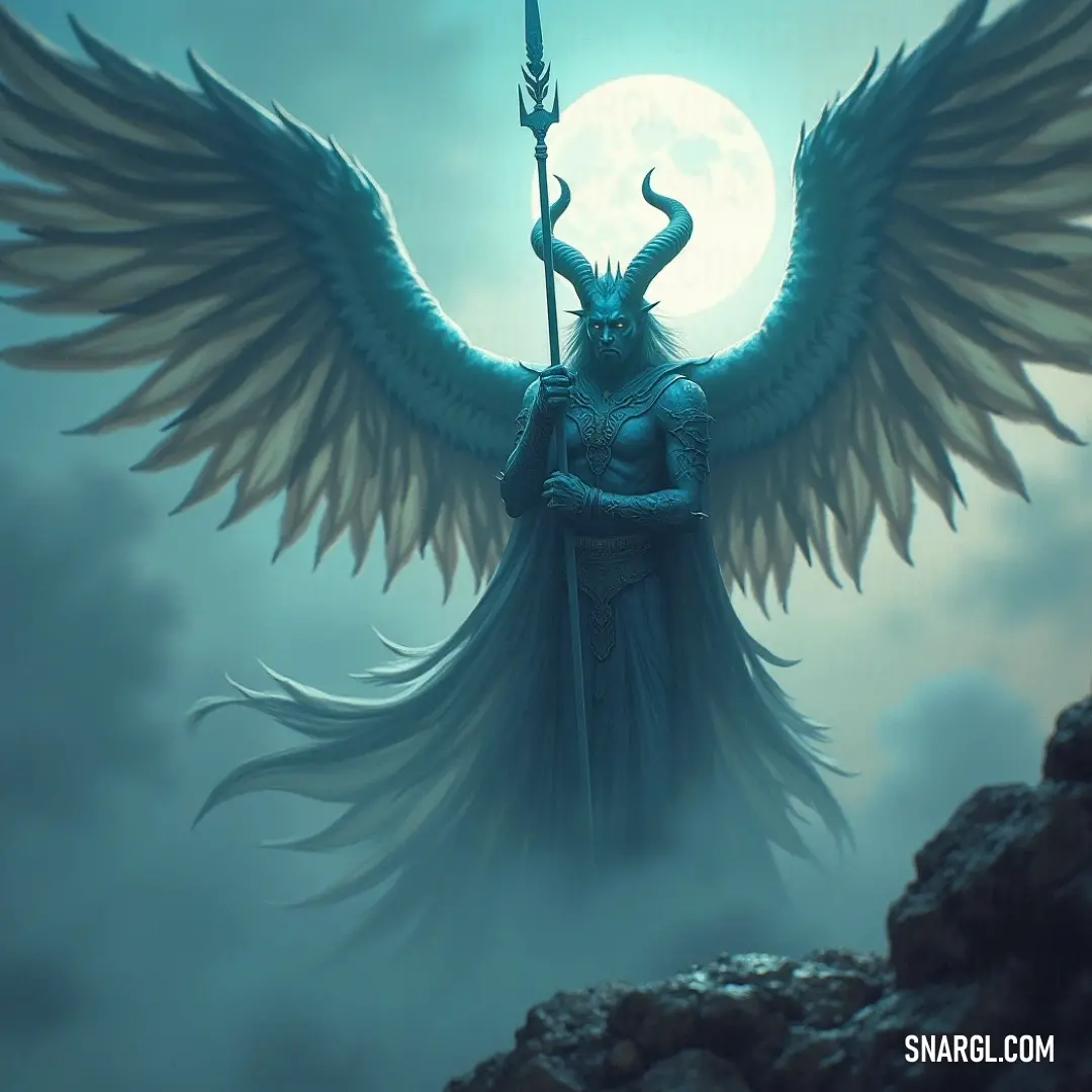 A blue-winged guardian with a spear, standing tall on a rocky hill, exuding a sense of power and watchfulness over the land. A majestic blue-winged figure stands bravely atop a rugged hill, spear in hand, gazing into the distance, embodying the spirit of freedom and strength against a dramatic skyline.