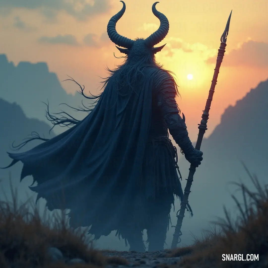 A commanding figure with an impressive horned face stands resolutely, holding both a staff and a stick, conjuring images of power and ancient knowledge amidst an otherworldly backdrop that resonates with the echoes of history. A striking deity with an intricately horned visage commands attention, holding a staff and a stick with an aura of authority, surrounded by a mystical ambiance that hints at the mysteries of the ancient world.