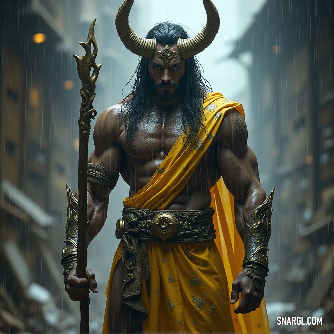 Baal-Hammon, the mighty horned figure, brandishing a spear in a regal yellow robe, stands as a symbol of power and command. A powerful figure of Baal-Hammon, depicted with a horned head and a flowing yellow robe, confidently holds a spear, emanating authority and strength in a darkened setting. The sharp gleam of his spear contrasts against his formidable presence.