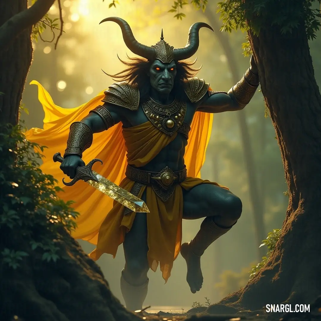Baal-Haran, dressed in elaborate horned attire, holds his sword aloft in a sun-dappled forest, where sunlight pierces the foliage, revealing a realm of possibilities. Draped in a majestic costume adorned with horns, Baal-Haran stands amidst a sunlit forest, the rays filtering through leaves, illuminating his sword and creating an aura of adventure and valor.