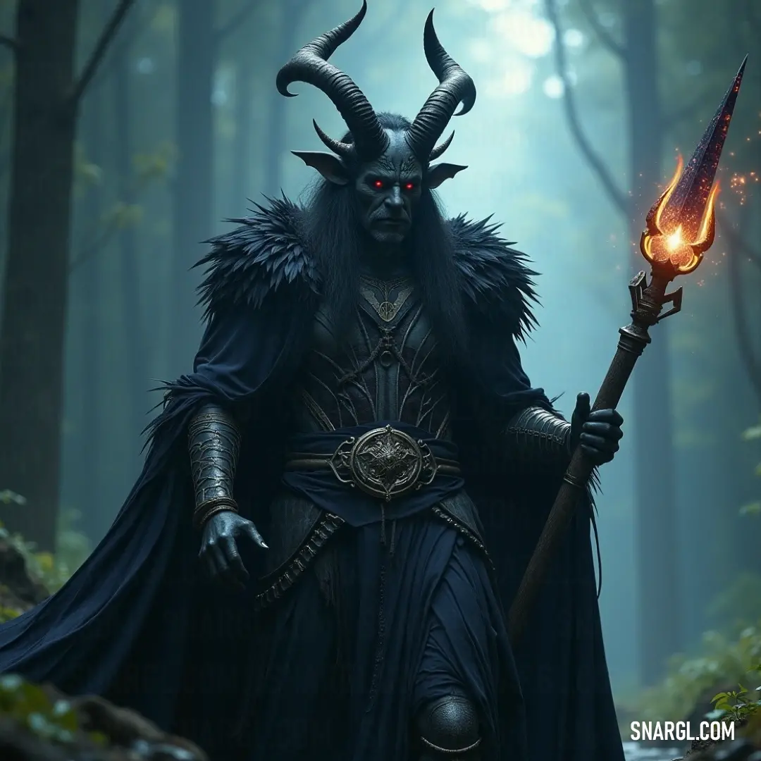 Baal-Haran, in his horned costume, holds a flame stick amidst a mysterious forest, surrounded by trees and rocks. Baal-Haran, in his horned costume, holds a flaming stick in a dark forest. The eerie glow of the flames contrasts with the natural backdrop of trees and rocks, giving him a mysterious, otherworldly presence that connects him to both fire and nature.