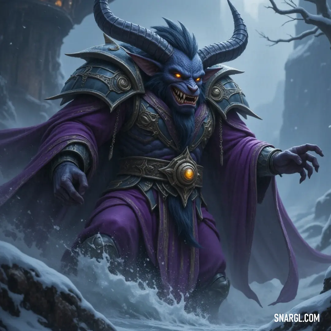 A demonic Baal-Hir, with horns and a mysterious glowing eye, traverses a snowy landscape, conjuring an atmosphere of dread as he walks among ancient, snow-dusted trees. With eerie horns protruding from his head, a menacing Baal-Hir strides through a wintry forest, his unsettling gaze illuminated by a singular glowing eye, embodying both peril and intrigue against a snowy backdrop.