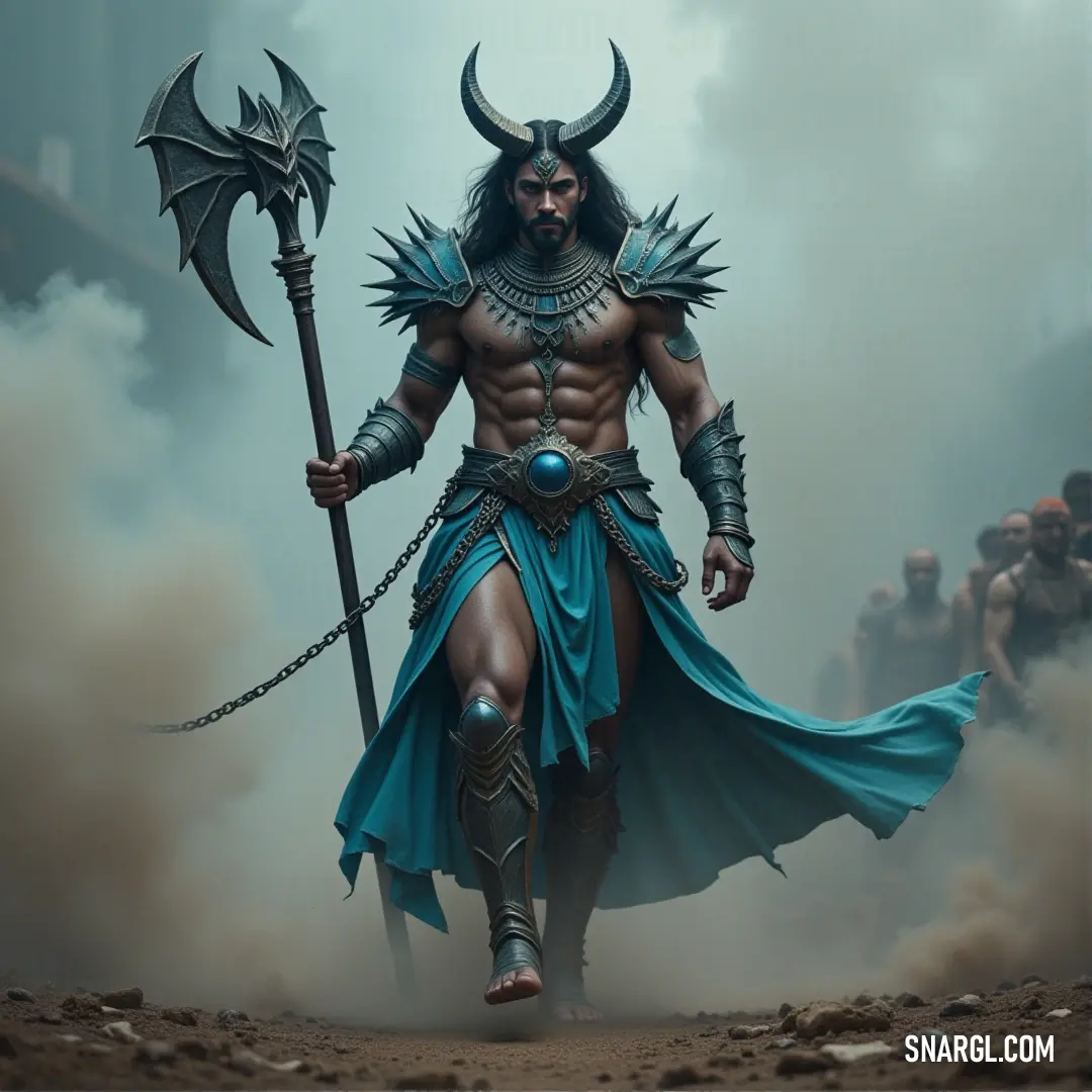 Baal-Hir, the demonic figure clad in horns and wielding a sword and staff, stands tall amidst a crowd, his power palpable as he surveys those who stand in awe of him. Baal-Hir, dressed as a demon with horns, a sword, and a staff, stands surrounded by a vast crowd. His presence commands attention, a terrifying figure amidst a sea of onlookers who appear both awed and frightened.
