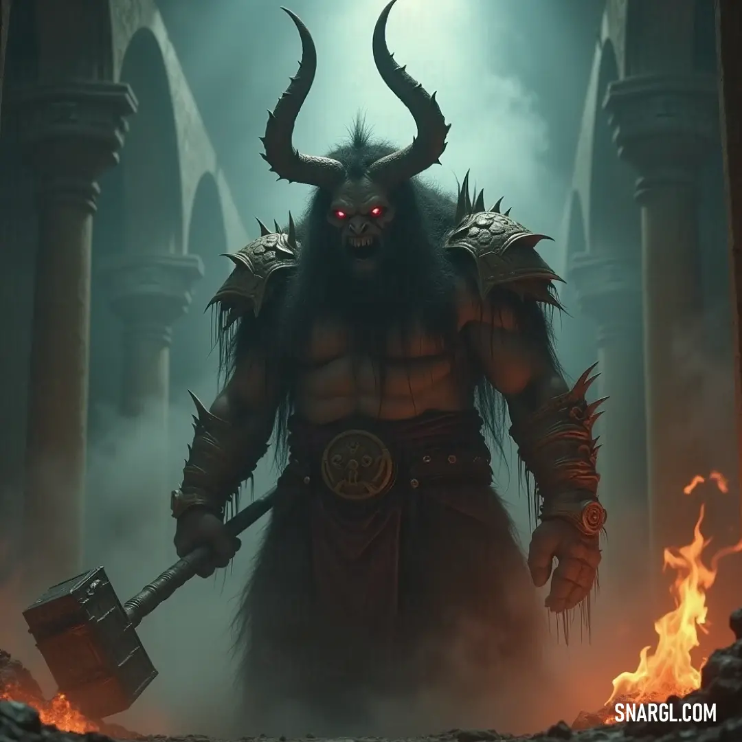 A monstrous figure with formidable horns and an axe stands defiantly in a darkened cave, engulfed by flames and smoke, symbolizing strength and ferocity. A fierce entity with an imposing horned face clutches a menacing axe inside a shrouded cave, where swirling flames and smoke create an intense atmosphere, embodying raw power and mystery.