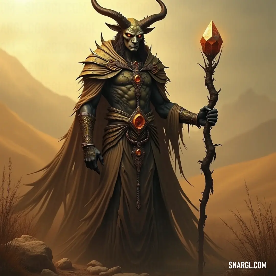 A horned figure with a commanding presence holds a staff, their fierce gaze and posture emphasizing their strength. The costume and the staff create an aura of power, making them a force to be reckoned with in a mysterious world.