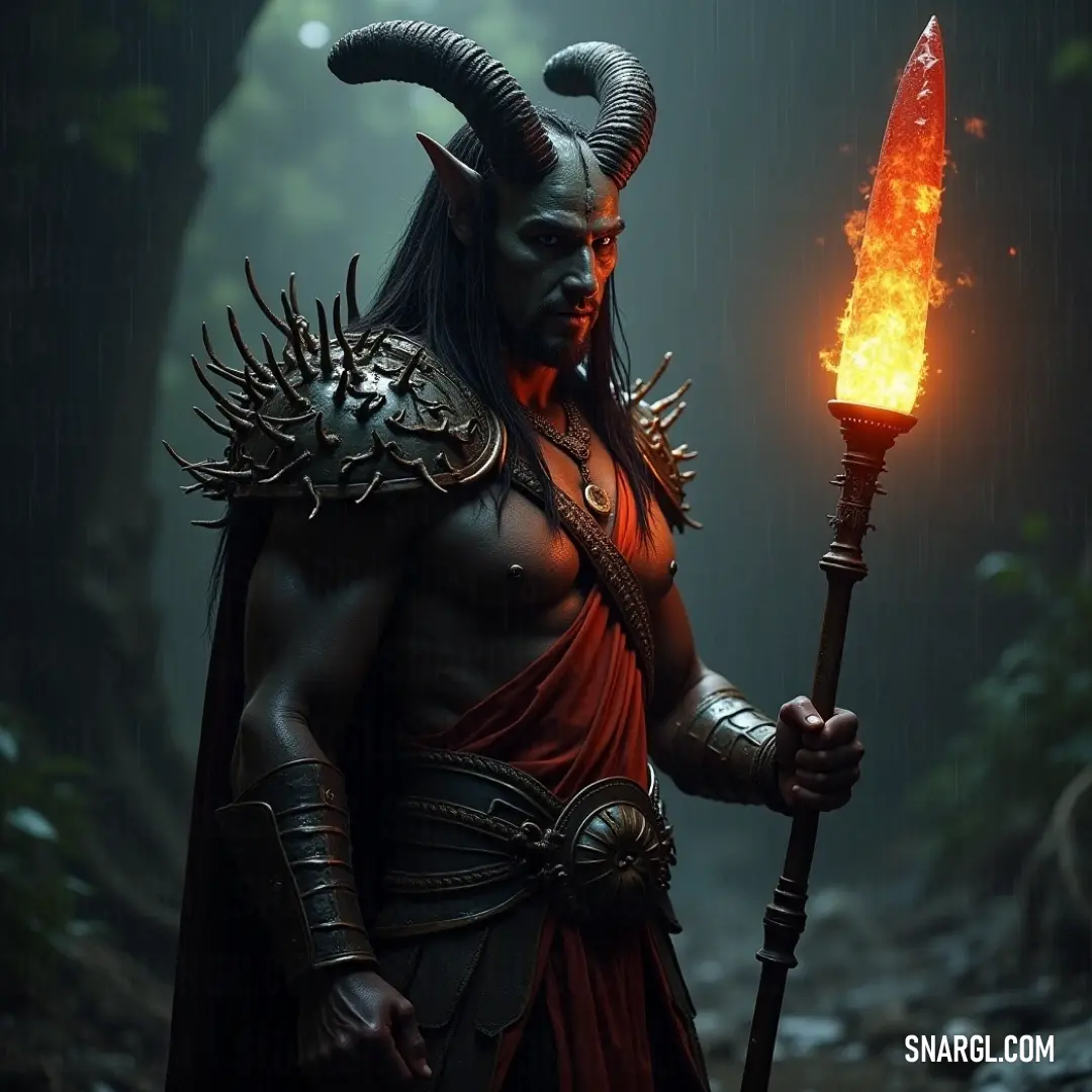 A formidable being adorned with a demon-like head holds a fire stick aloft in a shadowy forest, merging the elements of fire and darkness into an enchanting yet eerie scene. A powerful figure in a mystical costume brandishes a fiery stick in a shadowy forest, where a demonic visage accentuates the peril and allure of the surroundings, breathing life into ancient tales.