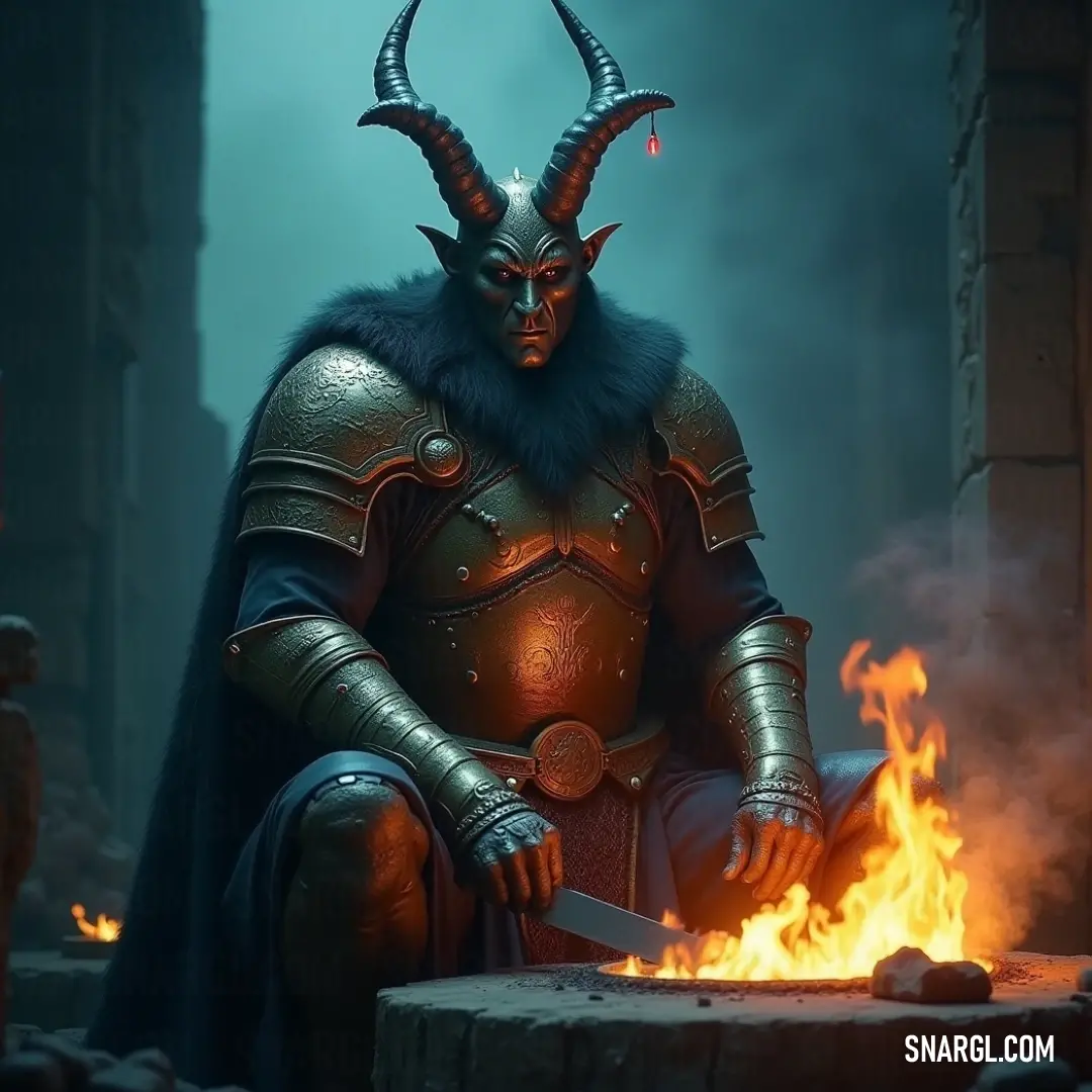 Baal-Khamon, dressed in a horned costume, stands in front of a fire pit, holding a sword, with a demon perched on his knee. The fiery glow casts an intense light, creating an atmosphere of ancient power and mystical energy, as he commands the forces aroun