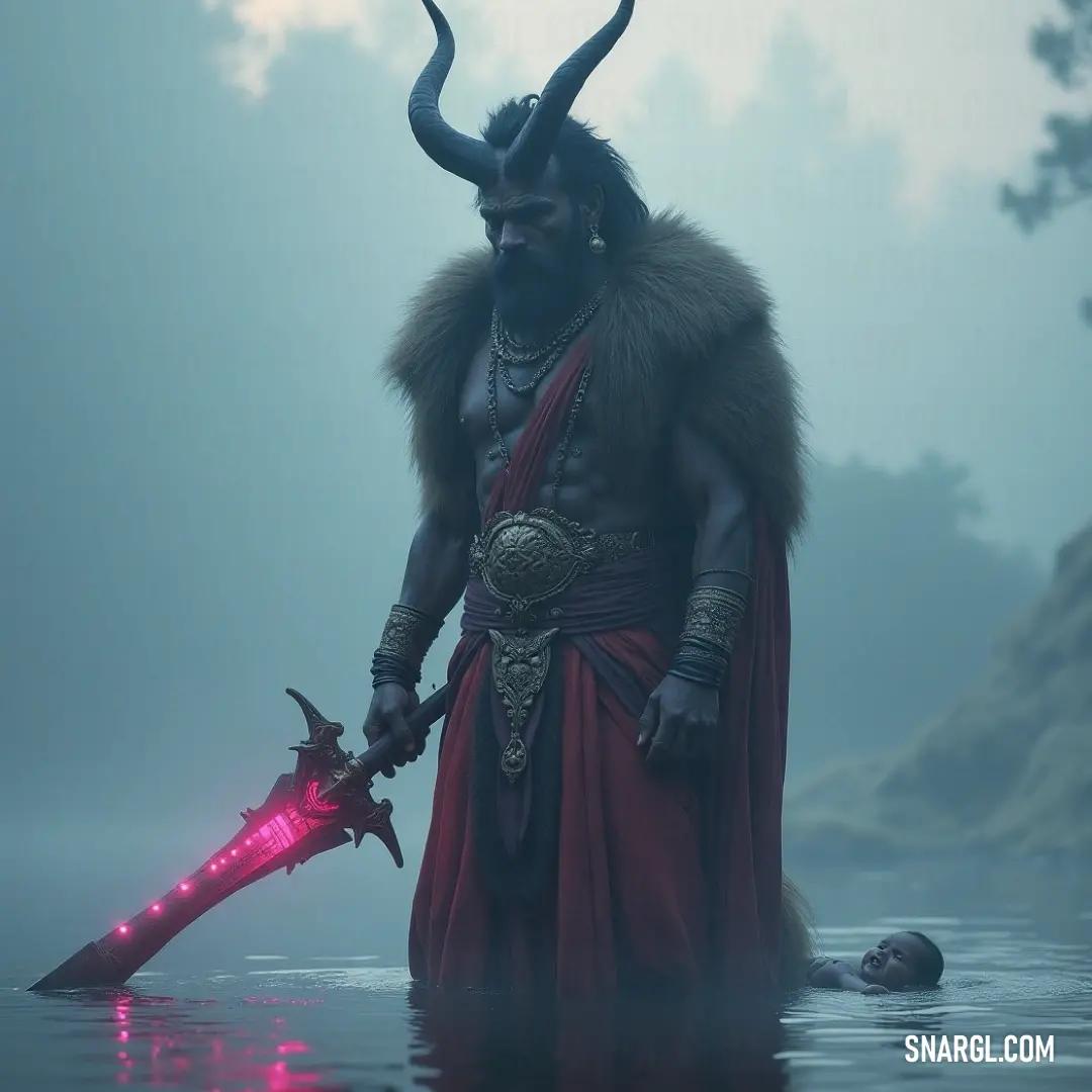 Baal-Kir, clad in a resplendent costume with fearsome horns, wades through the water, a sword gleaming in one hand while his red cape flows behind him, creating an unforgettable spectacle in a world of myth and magic.