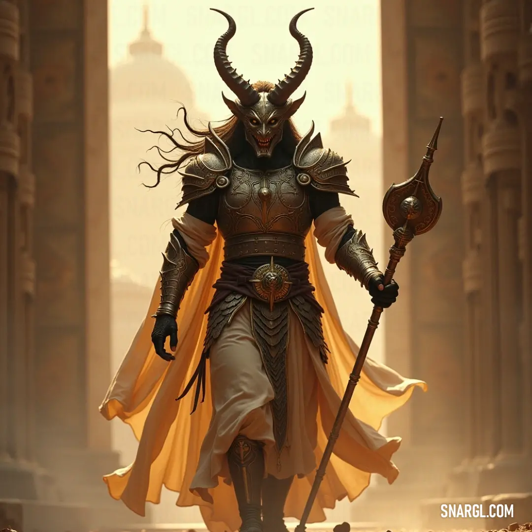 Baal-Megiddo, outfitted in gleaming armor, stands heroically holding a sword and shield, his horns declaring his warriors' lineage, ready to protect his realm with unmatched courage and determination.