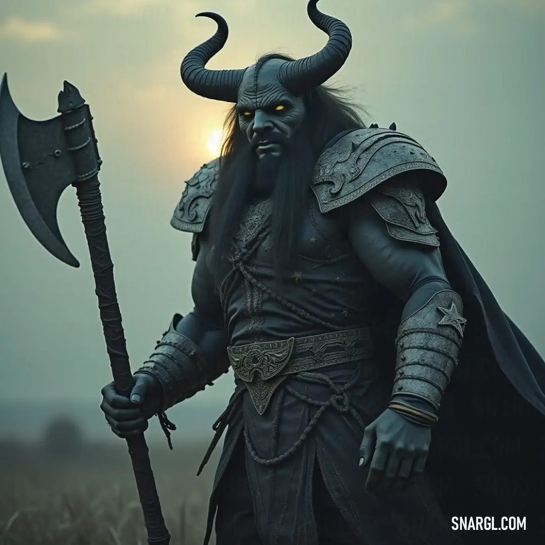 Baal-Moloch, distinguished by his horned costume, wields a large axe and a scepter amidst a radiant sunlit landscape. His imposing figure reflects the primary force of nature's beauty and ferocity interwoven in harmony.