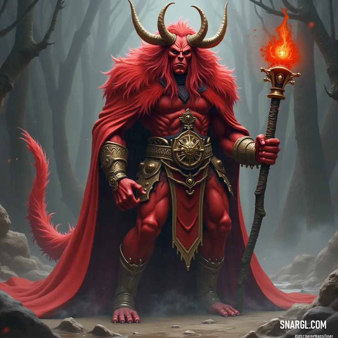 Red Baal-Moloch lights up the forest, holding a torch amidst trees and rocks, embodying both protector and harbinger. His cape billows with the forest's whispers, a vivid contrast to the earthy tones surrounding him.