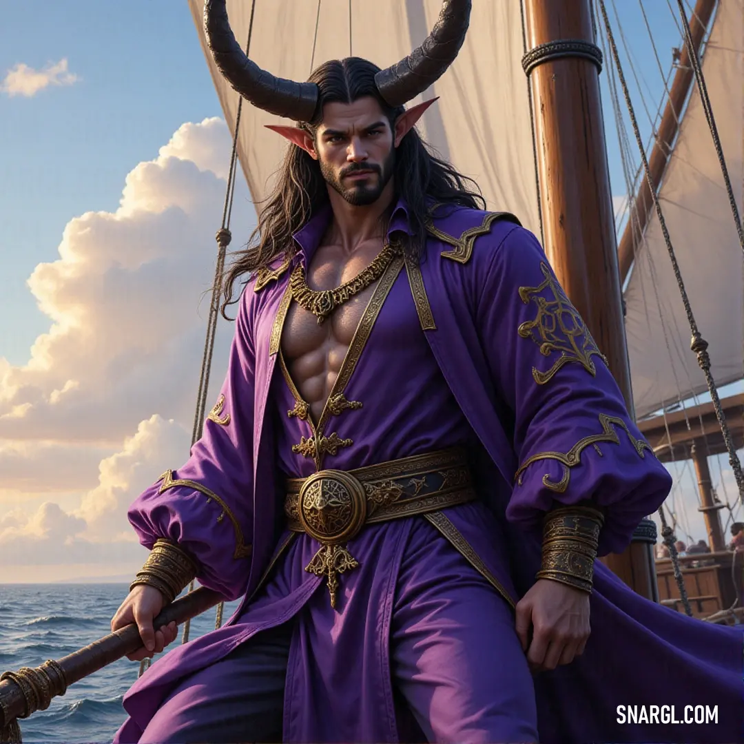 Baal-Murdoch, with horns on his head and a regal purple attire, stands confidently aboard a boat, his beard and horns marking him as a formidable force. Baal-Murdoch, dressed in a regal purple garment, stands tall on a boat. His horns curve ominously above his head as he gazes ahead, his strong beard blowing in the wind, adding to the commanding presence of this enigmatic figure.