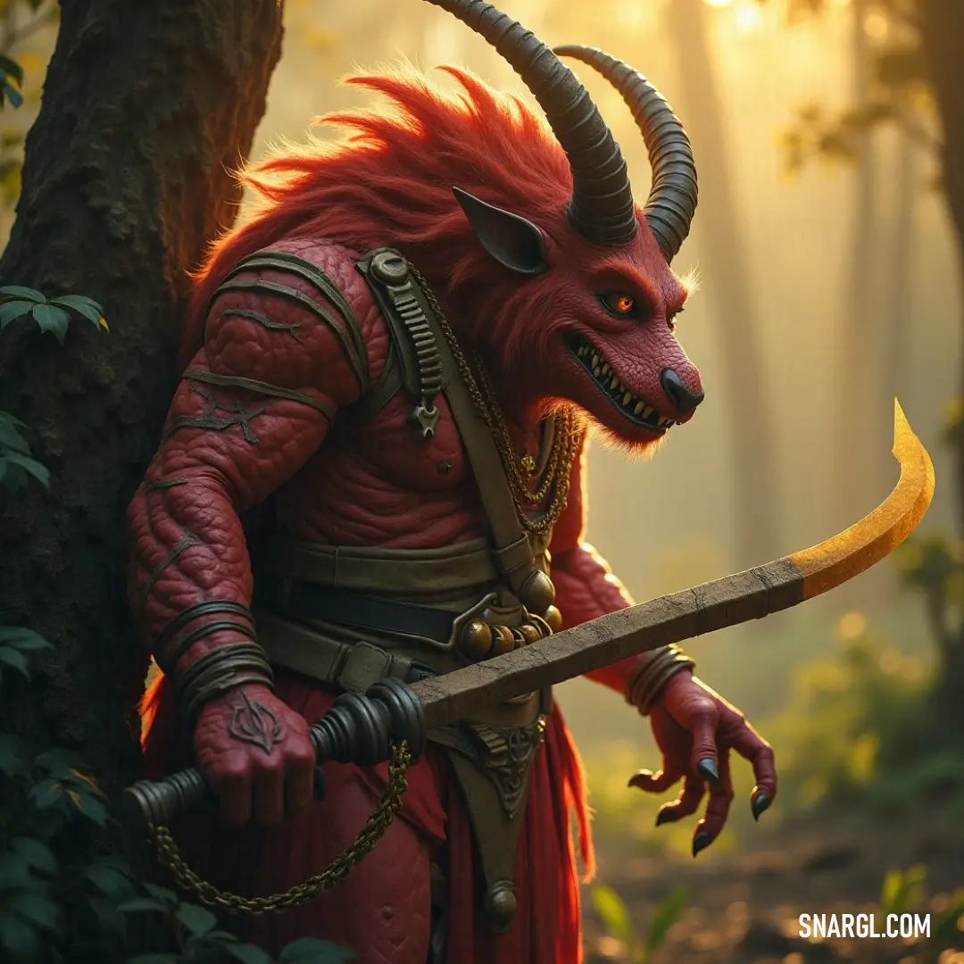 A powerful figure adorned with majestic horns, brandishing a sword amidst the lush foliage of a vibrant forest, where sunlight filters through the leaves, creating enchanting patterns on the ground.