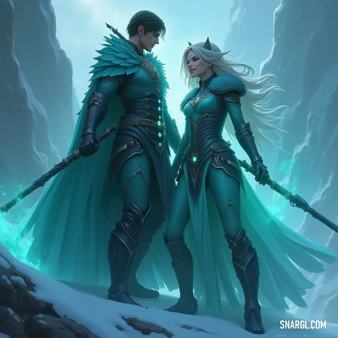 In a breathtaking snowy expanse, a fierce duo clad in shining armor stands ready, swords firmly in hand. The harmony between their determined expressions and the tranquil surroundings creates a powerful image of both strength and unity. Amidst a snowy landscape, two armored warriors stand resolute, each gripping a sword with fierce determination. Their stylish armor glimmers in the soft white powder, creating a majestic contrast against the serene winter setting.