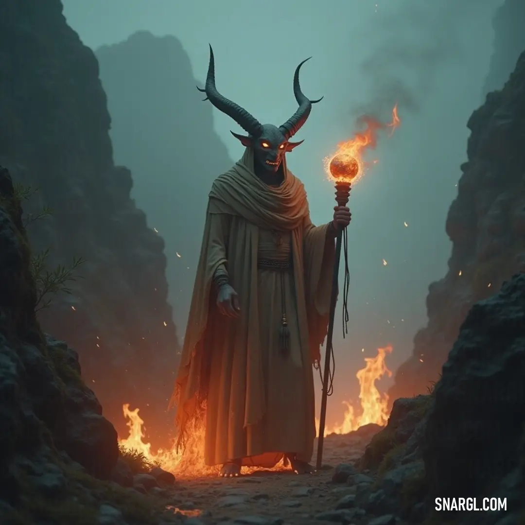 A fearless hero in vibrant horned attire stands alight with energy, wielding a brilliant orb of fire as night descends, the flames illuminating his determined expression against the shadowed backdrop of adventure.