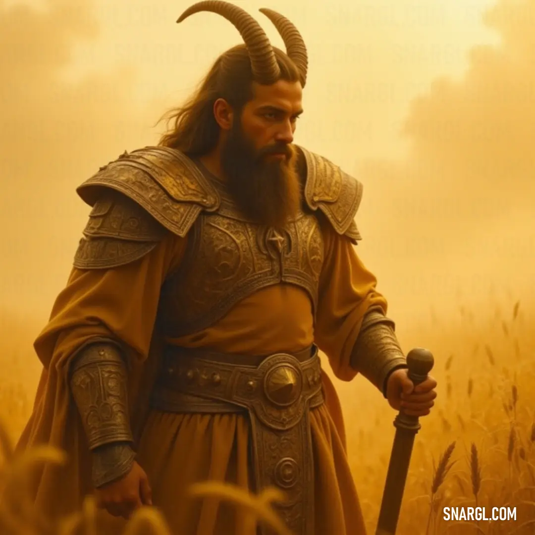 A majestic figure adorned in horned armor stands proudly in a vast golden wheat field, gripping a gleaming sword that reflects the sunlight, embodying strength and vigilance amidst the tranquil landscape.