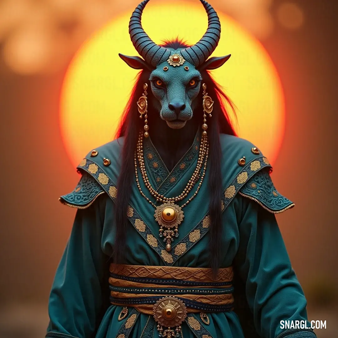A noble bull adorned in a striking blue costume, standing in harmony with a brilliant sun, representing strength and valor in nature. A majestic bull, clad in vibrant blue attire, stands against a radiant sun, embodying grace and strength amidst a vivid backdrop that enhances its regal presence and symbolizes valor in nature's embrace.