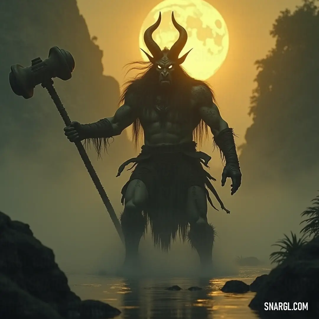 Baal-Ram, with a horned head, stands tall against a vibrant sunset, holding a staff and an axe. The warm glow of the setting sun reflects off the river, creating a dynamic, heroic scene.