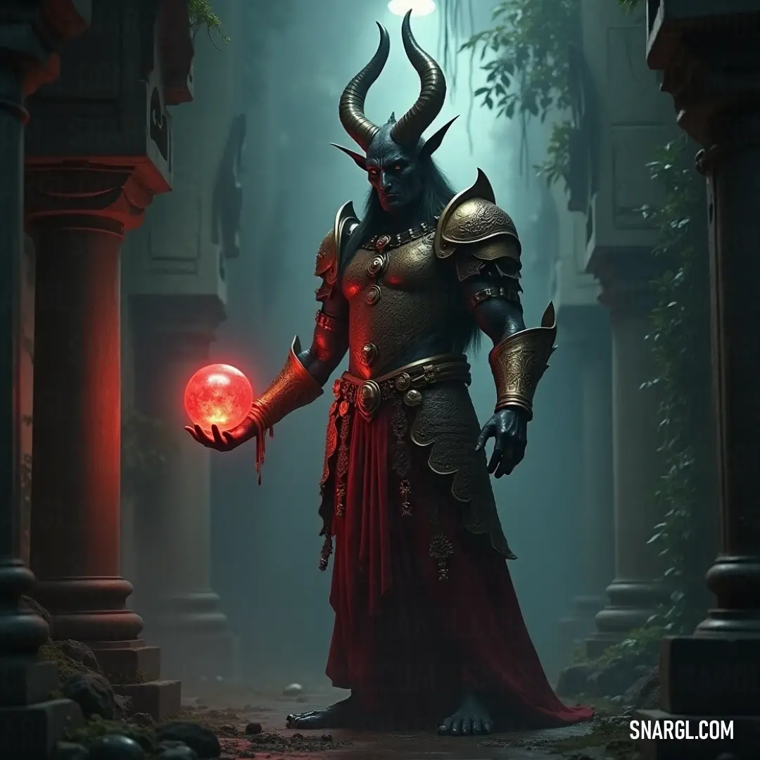 Baal-Roeb, adorned in a striking costume, brandishes a glowing orb and wears a demon mask, embodying ancient power and mystery. A powerful figure named Baal-Roeb stands proudly in a vivid costume, gripping a glowing orb that illuminates the dark surroundings, while a sinister demon mask rests upon his head, symbolizing ancient mystique and strength.