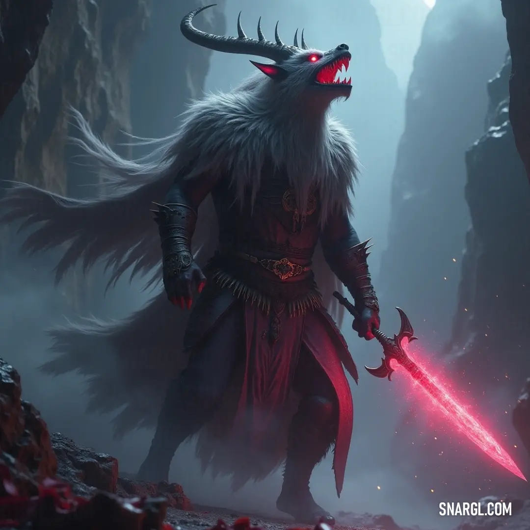 Baal-Shar, with a fierce expression, wields a sword in a dark cave. Behind him, a massive Baal-Shar creature looms, its powerful presence adding to the tension and danger of the moment.