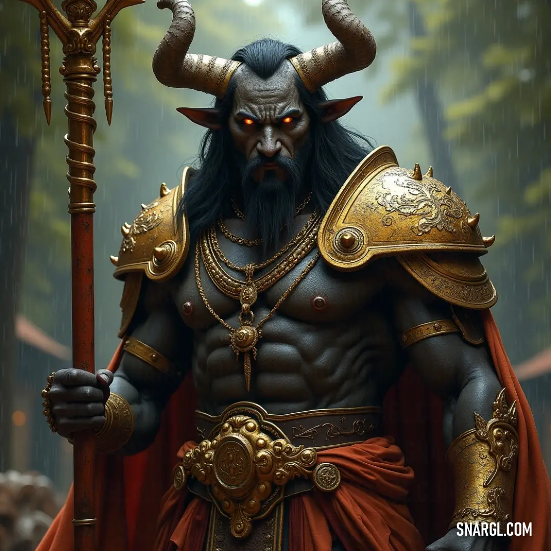 Baal-Tir, adorned in a striking horned costume, stands tall with a staff, commanding respect as he navigates the enchanted forest filled with ancient trees and omnipresent whispers of the wild. A powerful entity, Baal-Tir, dons a majestic horned headpiece and clutches a staff, surrounded by a realm of towering trees, exuding an aura of authority and mystique that captivates the surrounding wilderness.