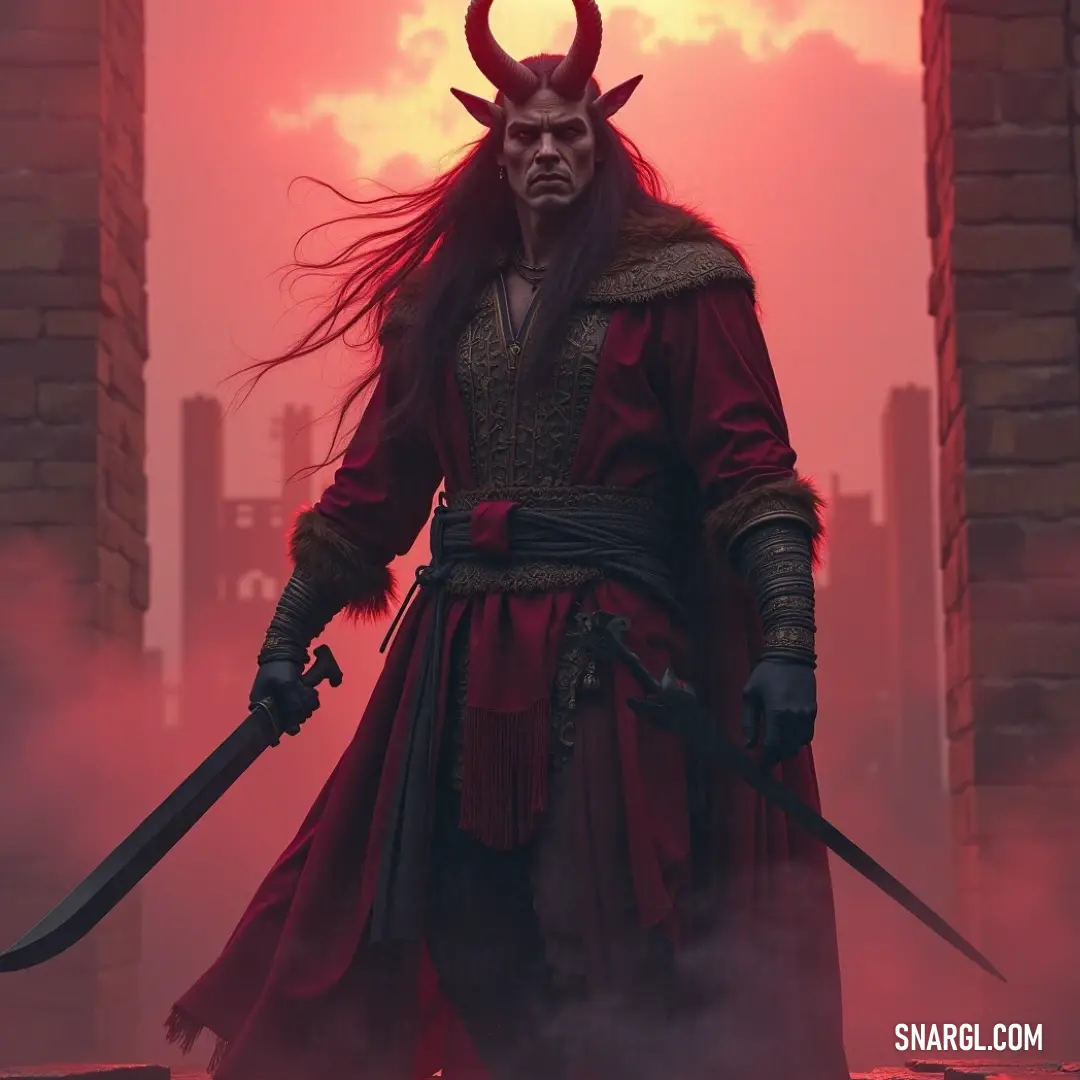 A striking horned warrior in a red ensemble, wielding two swords against a backdrop of a fiery red sky, representing valor and ferocity. A fierce warrior clad in a striking red costume brandishes two gleaming swords, crowned by majestic horns, set against a dramatic red sky, signifying power and a battle-ready spirit.