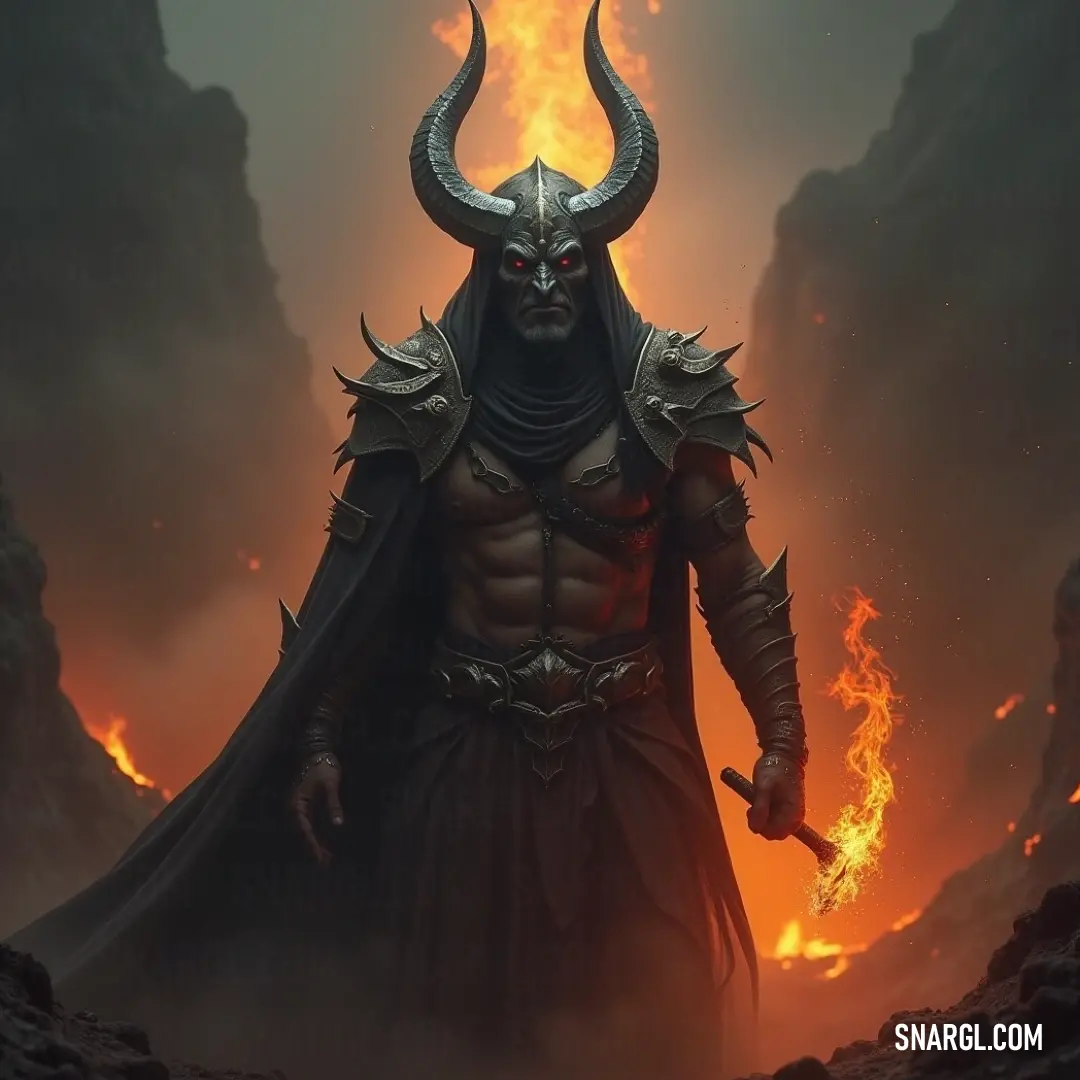 Baal-Tzaphon, clad in an intricate horned costume, commands the attention within a fiery cave, as flames flicker behind him, creating an atmosphere that pulsates with ancient power and dominance.