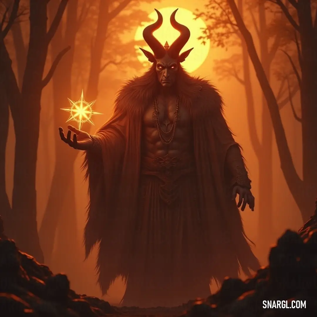 A powerful figure resembling Baal-Zebub stands in a mystical forest at night, adorned with imposing horns and holding a shimmering star in one hand, while a radiant sun gives an ethereal glow from behind the trees.