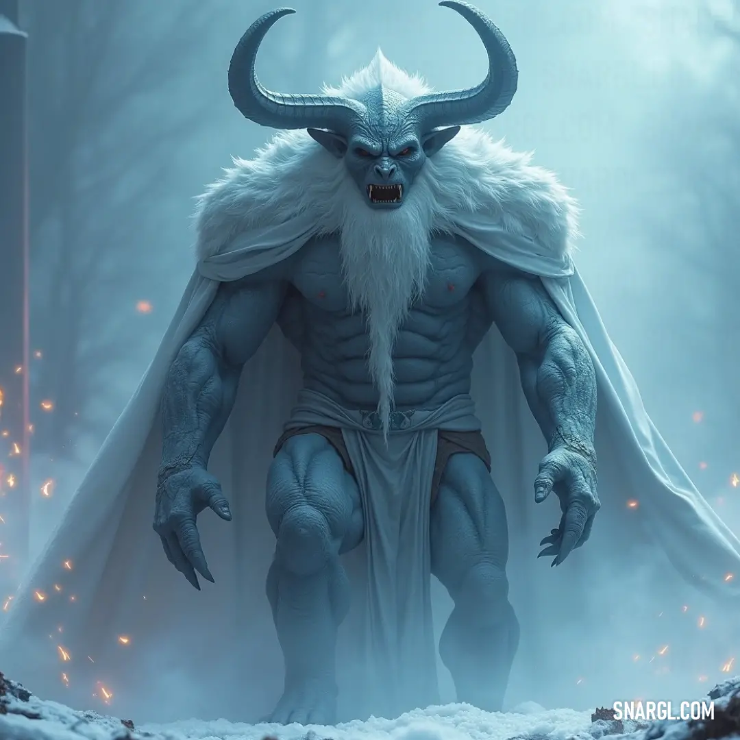 Baal-Zebub, adorned with a horned head and flowing white cape, emanates an air of ancient wisdom and mystical presence. Baal-Zebub, with a horned visage and a majestic white cape, stands in striking contrast with his white fur, embodying an aura of ancient wisdom and quiet strength that commands reverence and awe.