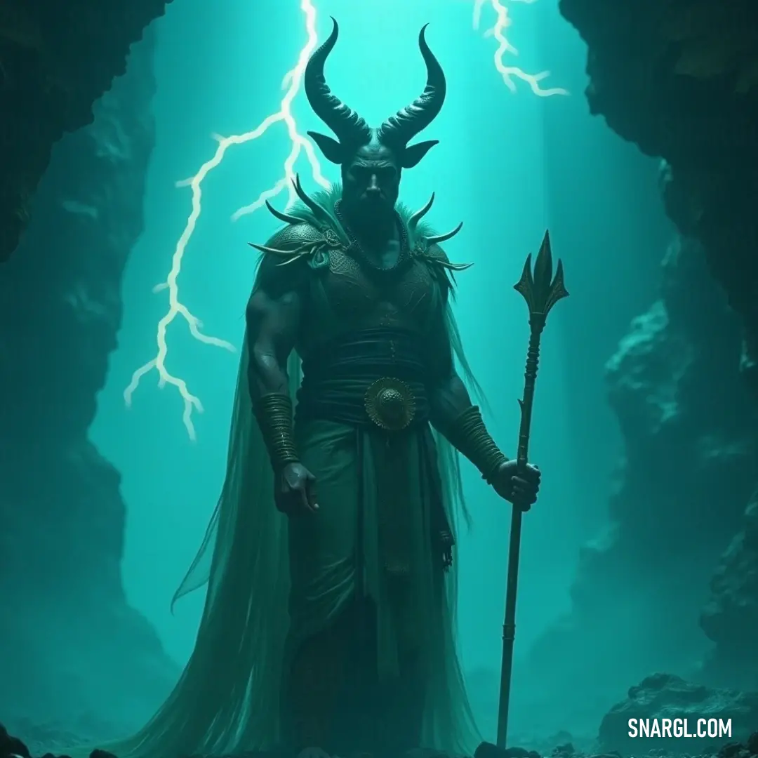 Baal-Zor, cloaked in a striking horned costume, stands resolutely within the shadows of a cave, gripping a staff as eerie lightning cascades around him, symbolizing undisputed power in a dark, enigmatic setting.