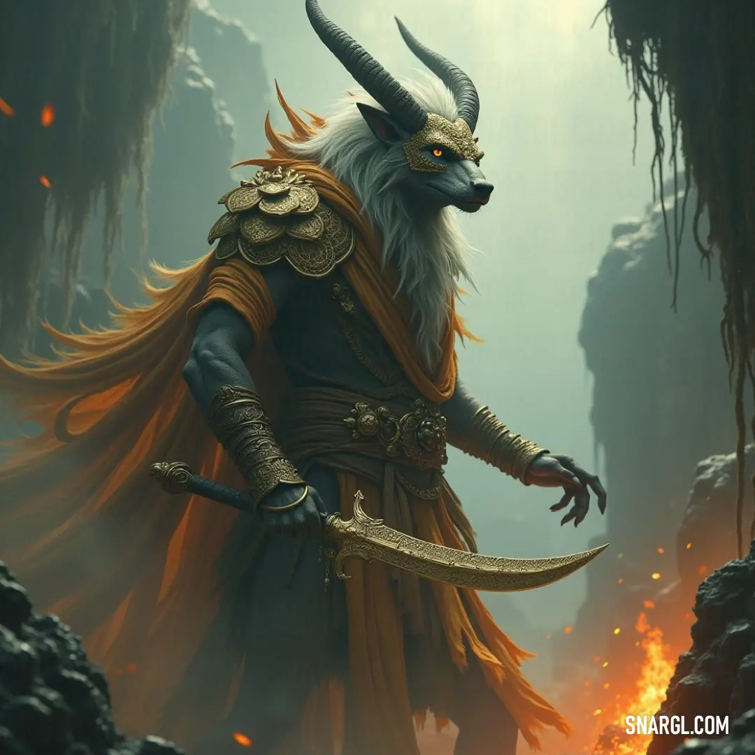 The fierce Horned Baal-Zur stands tall, donning a polished helmet and clutching a gleaming sword, embodying the essence of ancient warriors, poised to defend against all foes with unyielding courage.